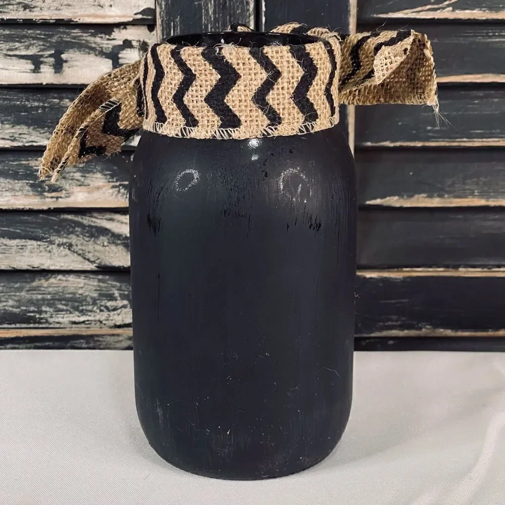 Hand-Painted Matte Black Quart Mason Jar with Chevron Burlap Ribbon & 3D Flowers